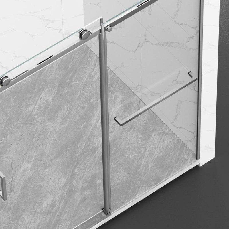 Tempered glass shower door, clear glass panel and vertical metal frame
