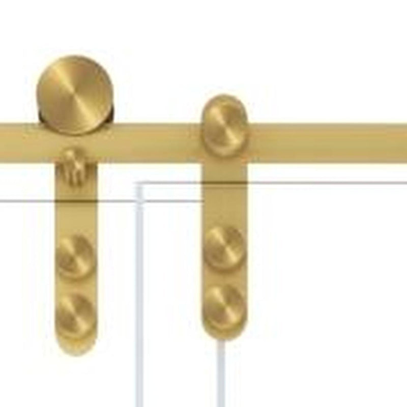 Tempered glass shower door with gold vertical hinges and round pull knob