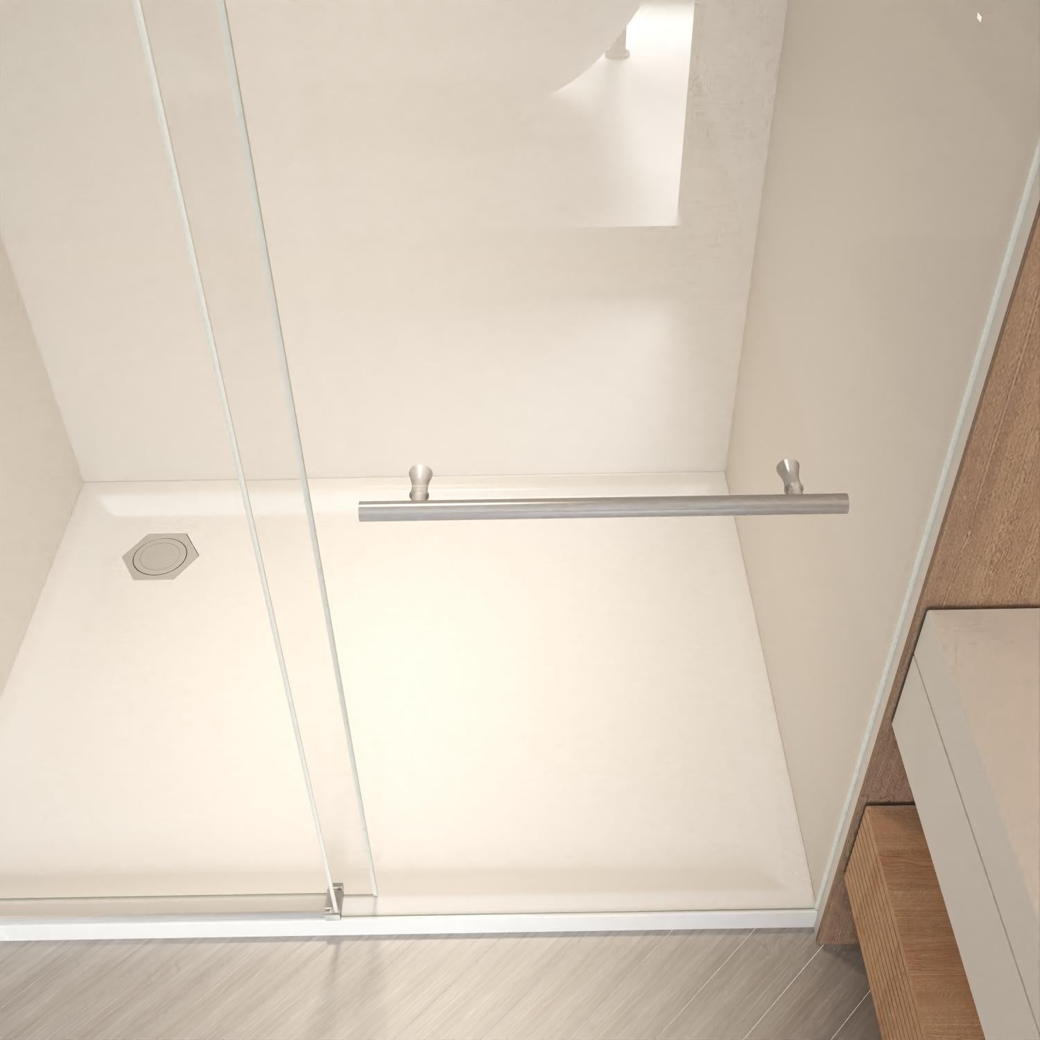 Frameless tempered glass tub door with white frame and metal handle bar
