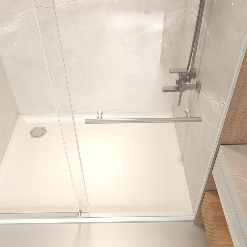 Tempered glass tub door with chrome hinges and vertical metal handle