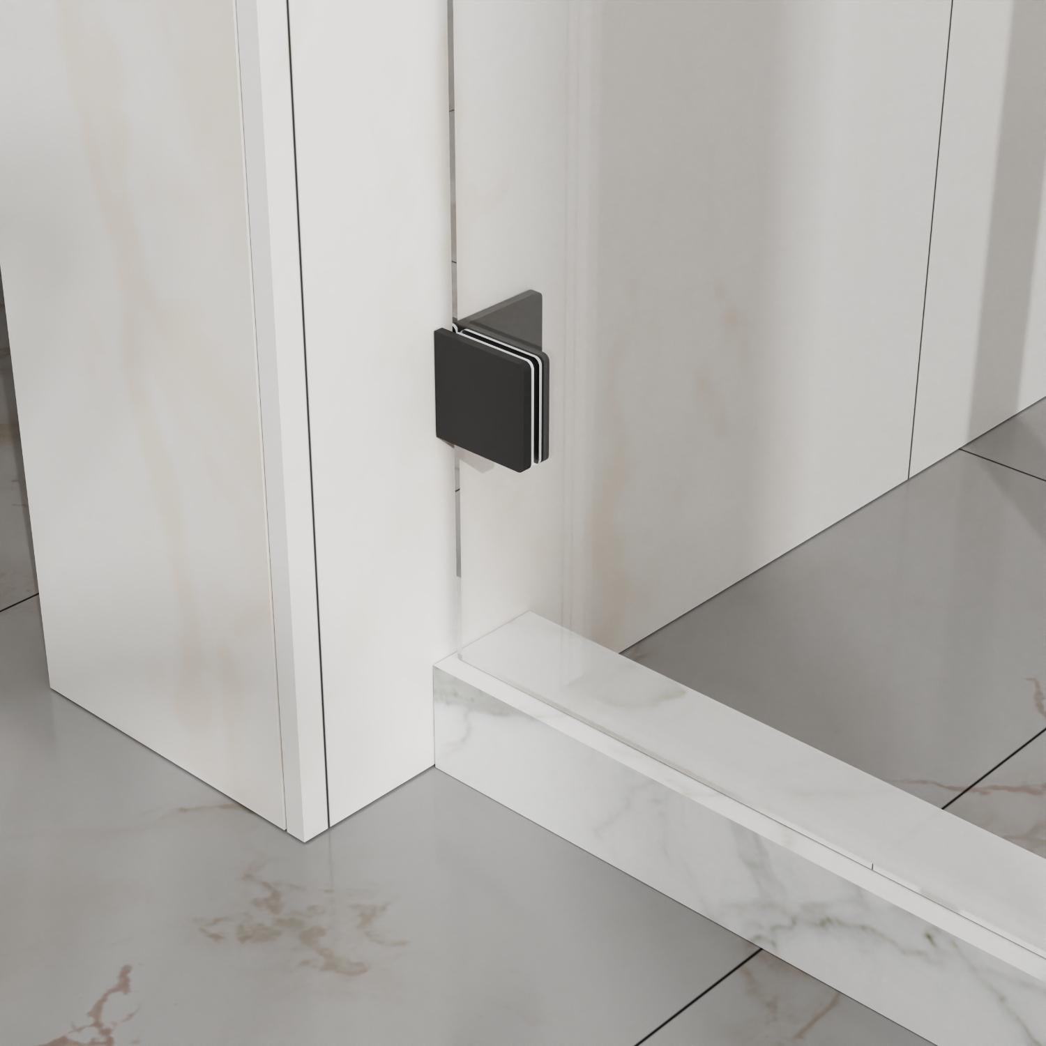 Tempered glass shower door with dark handle and black frame