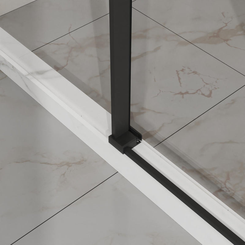 Tempered glass shower door base track with dark support post