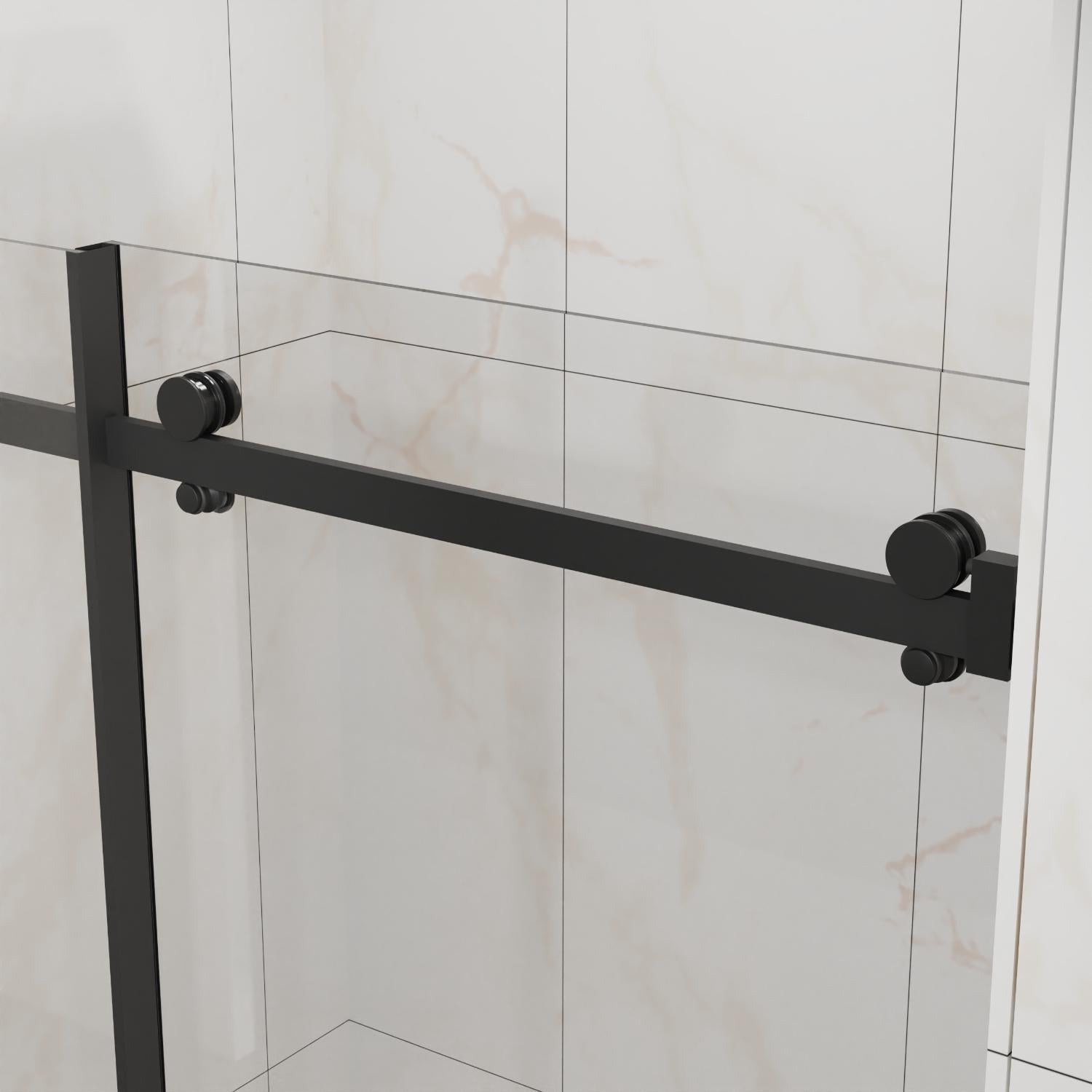 Tempered glass shower door with black horizontal bar handle