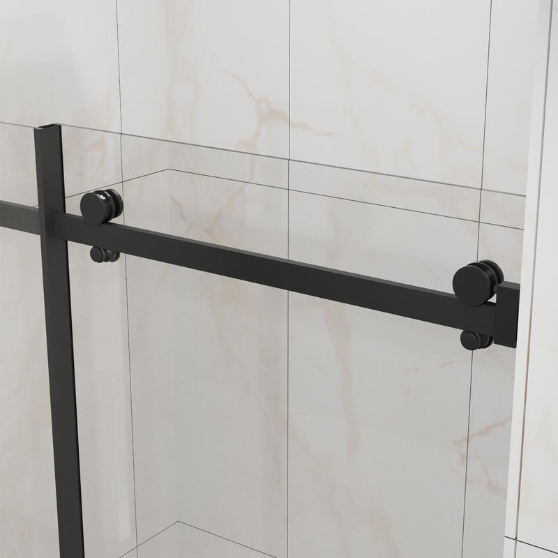 Tempered glass shower door with black horizontal bar handle