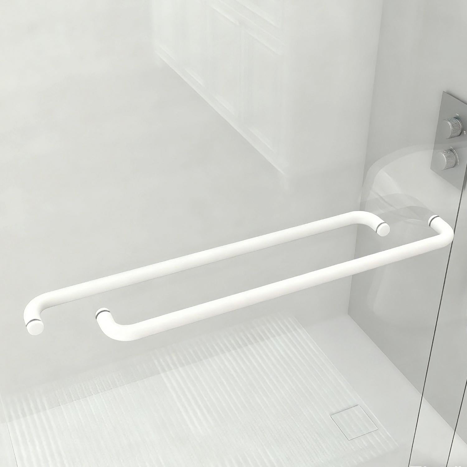 White aluminum-framed tempered glass shower door with horizontal pull handle