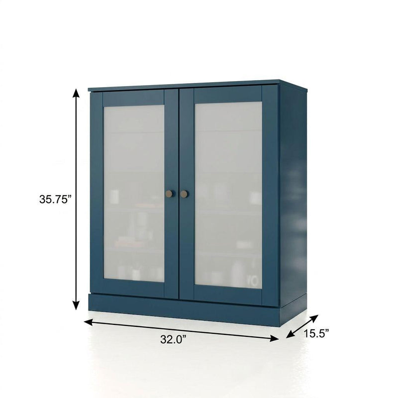 Teal blue double-door linen cabinet with clear glass panels and round knob handles