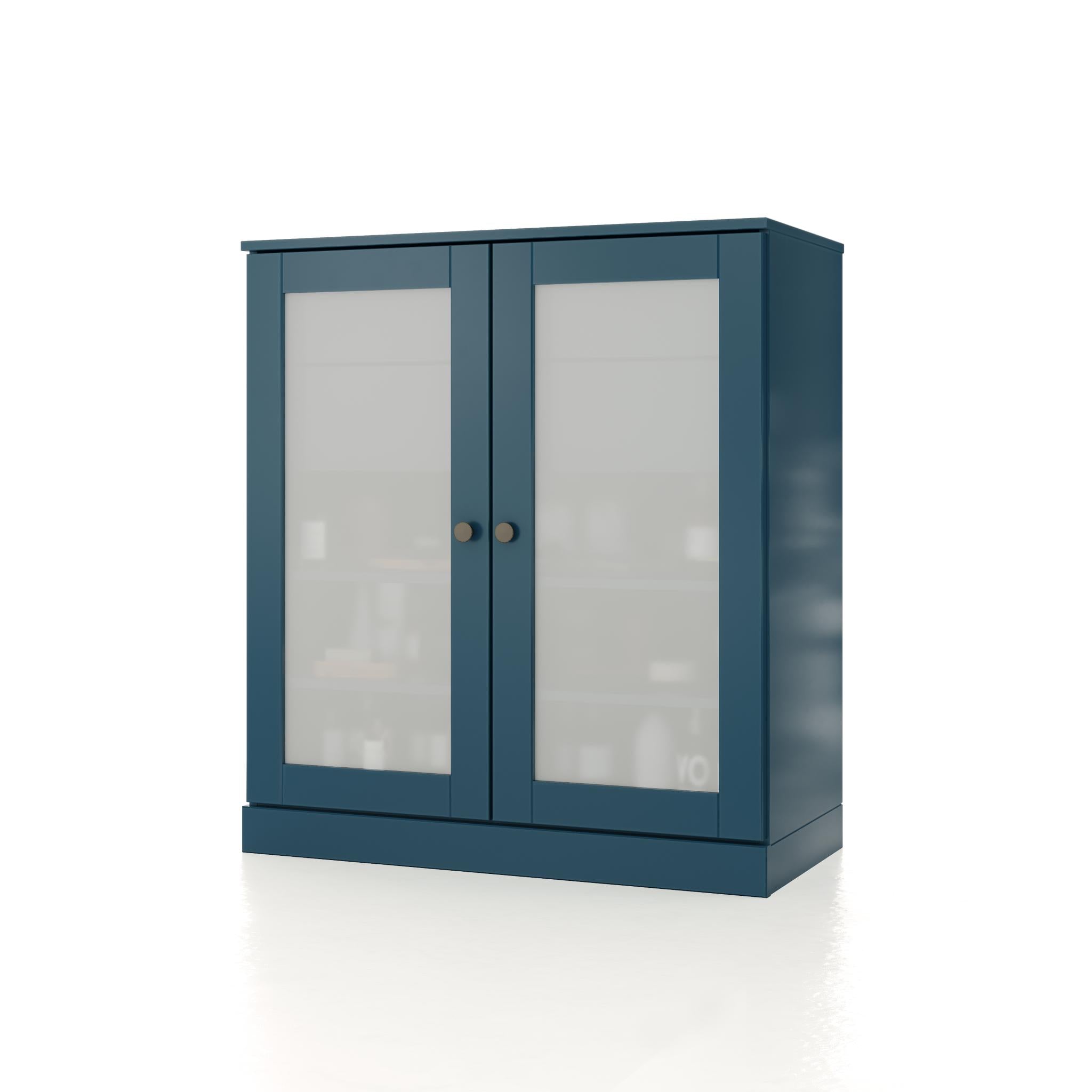 Teal blue cabinet with two glass-paneled doors and two round handle knobs