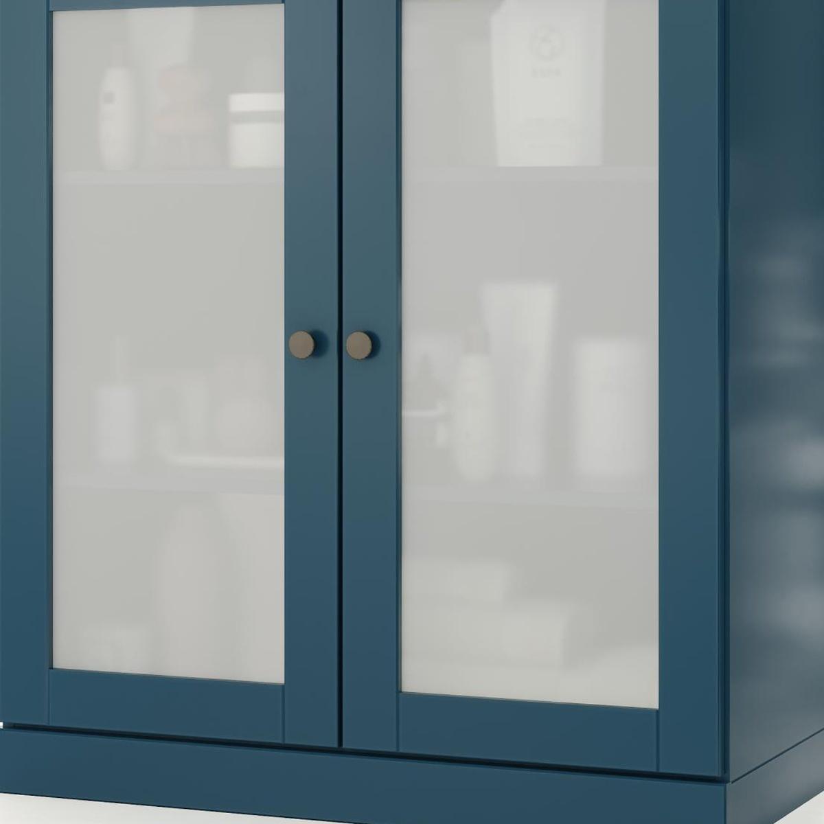 Teal blue double-door cabinet with glass panels and round brass knobs