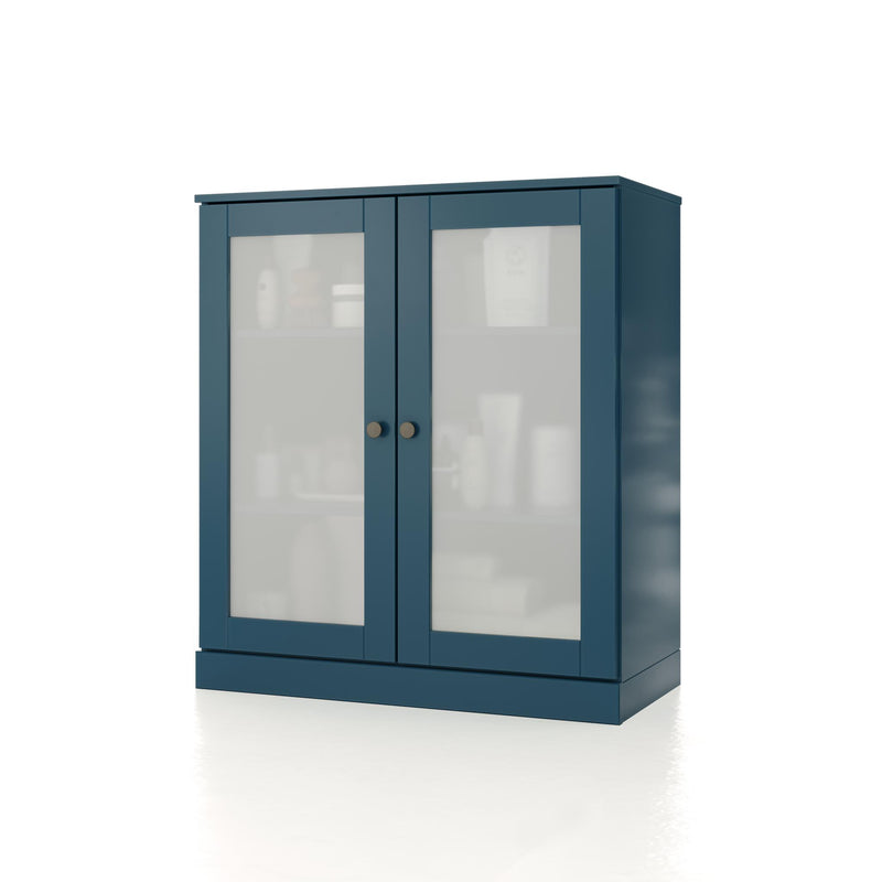 Teal blue wood double-door cabinet with glass panel inlays and round knobs