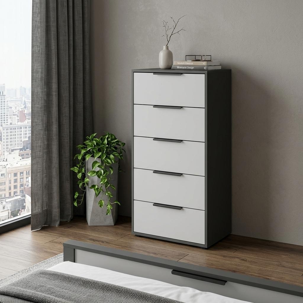 Black-and-white five-drawer lingerie chest with black pull handles, white drawer fronts