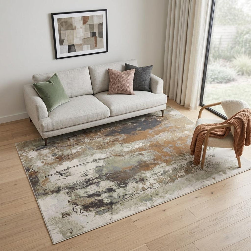 5' X 8' Beige Bronze And Black Abstract Area Rug - Home Decor