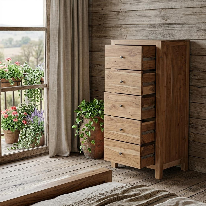 Solid wood five-drawer chest with black knobs, angled view of drawer fronts.