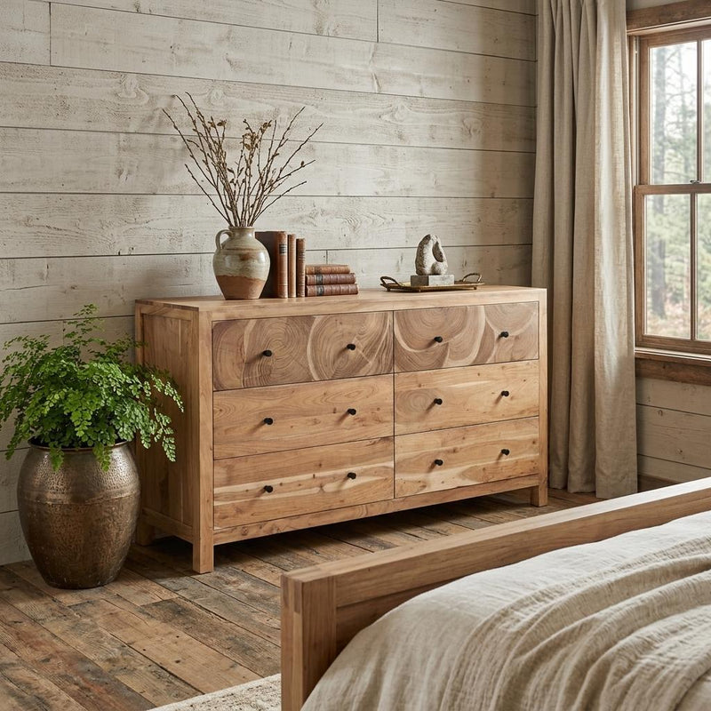 Brown solid wood dresser with six drawers and black knobs in a bedroom setting.