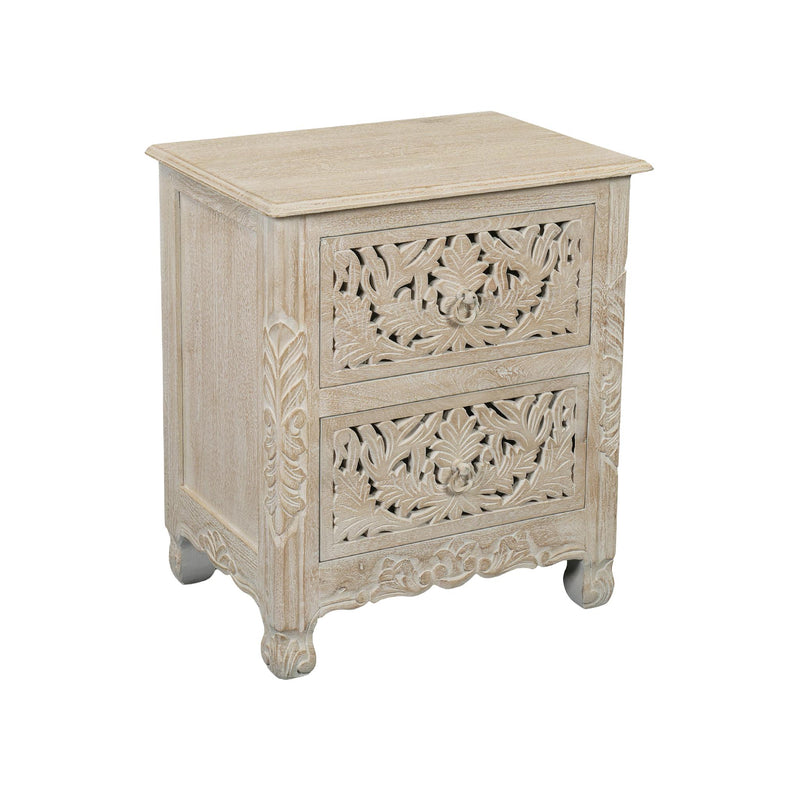Distressed white carved wooden nightstand with two drawer fronts and floral cutout details