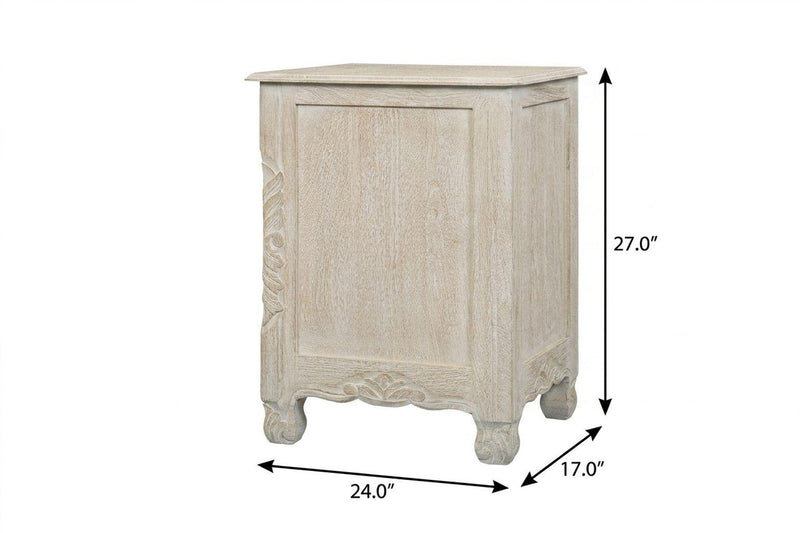 Distressed white wooden nightstand with dimensions: 27 in tall, 24 in wide, 17 in deep