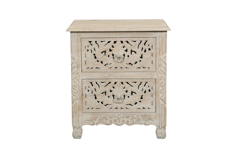 Distressed white wooden nightstand with carved floral panels and two drawers, square design