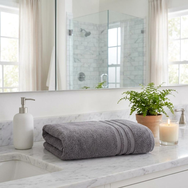 Dark gray bath towel roll and fold on bathroom counter, plush looped fabric