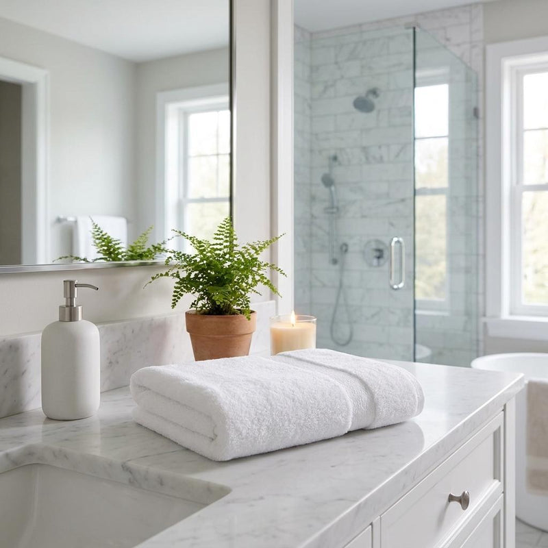 White bath towel roll on countertop, plush terry texture