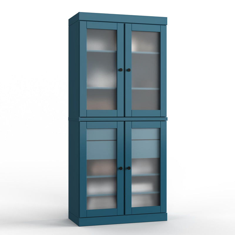 Teal blue wood linen cabinet with two glass-panel doors and four storage shelves