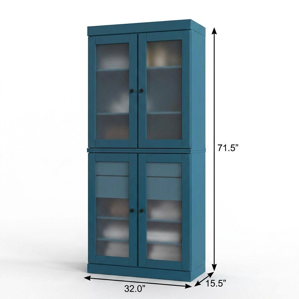 Teal blue wood cabinet with two upper and two lower glass-panel doors; double-door style