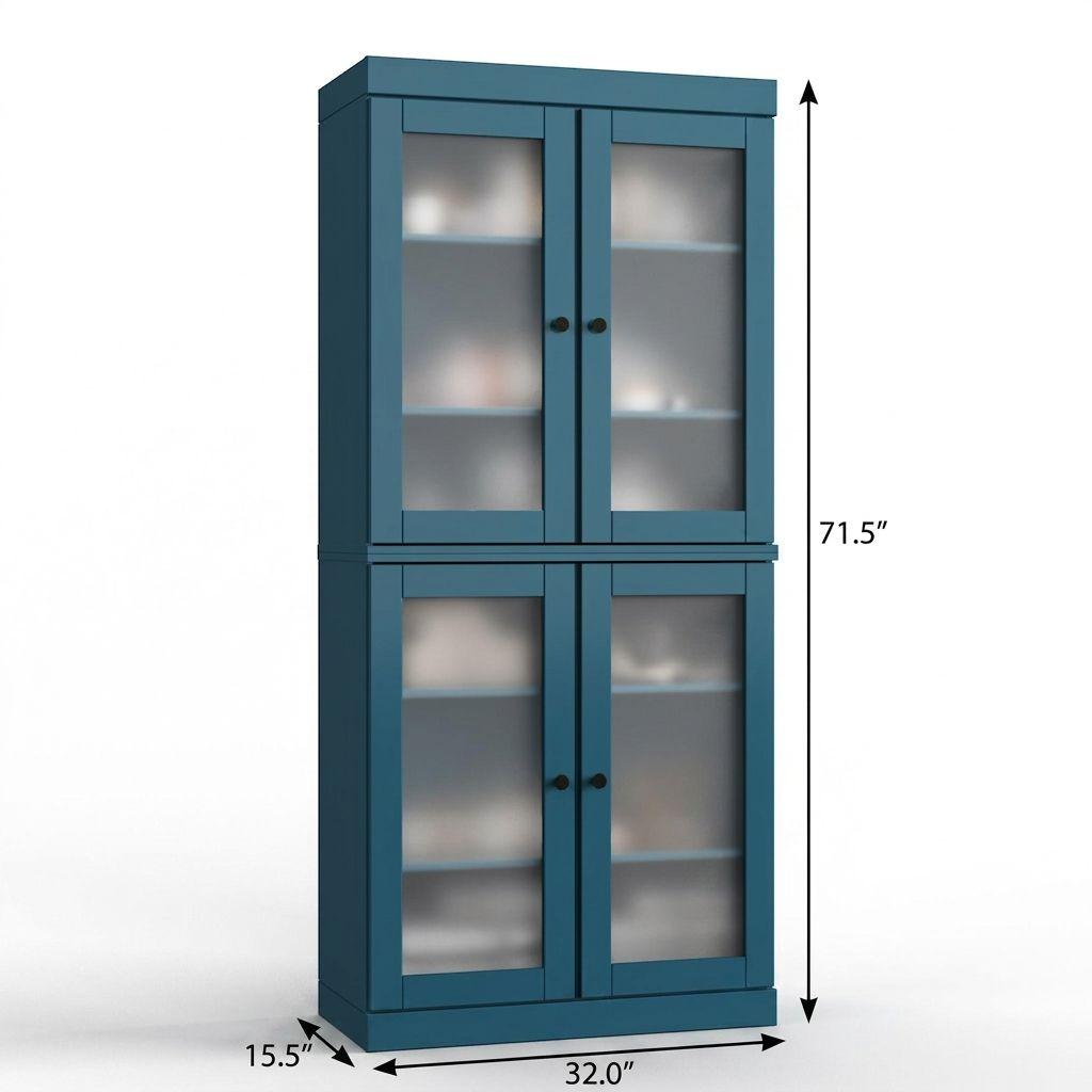 Teal wood linen cabinet with glass doors and overall height and width shown