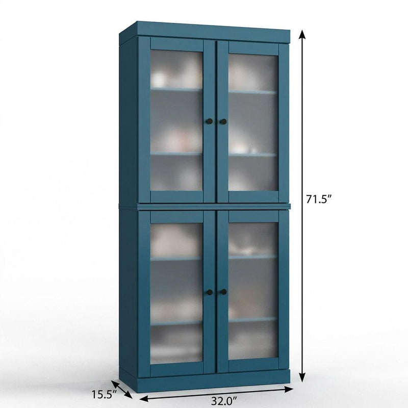 Teal wood linen cabinet with glass doors and overall height and width shown