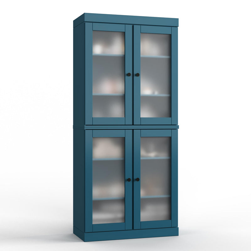 Teal blue wood linen cabinet with four glass shelves behind double doors