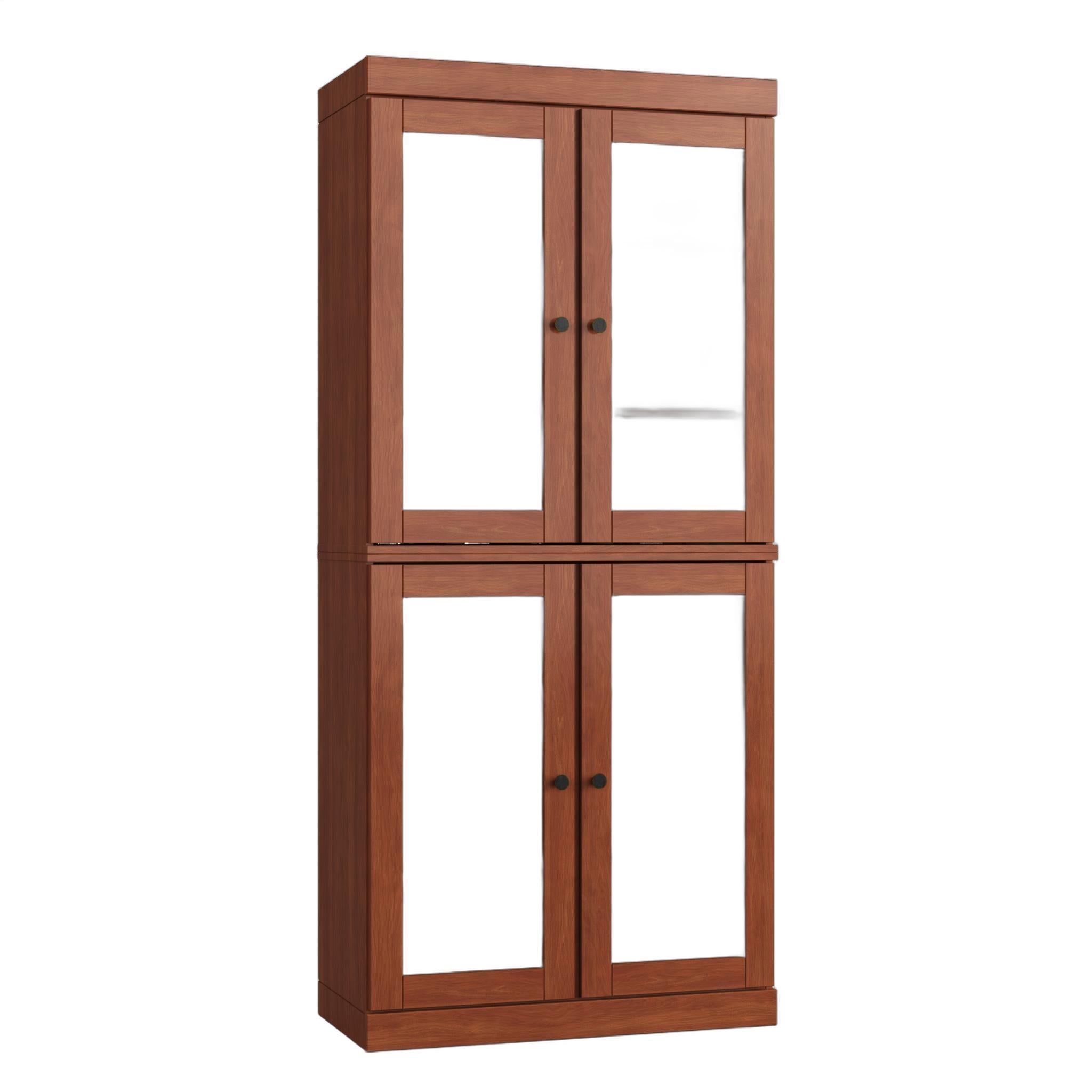 Solid wood linen cabinet with double glass-panel doors, warm wood finish.