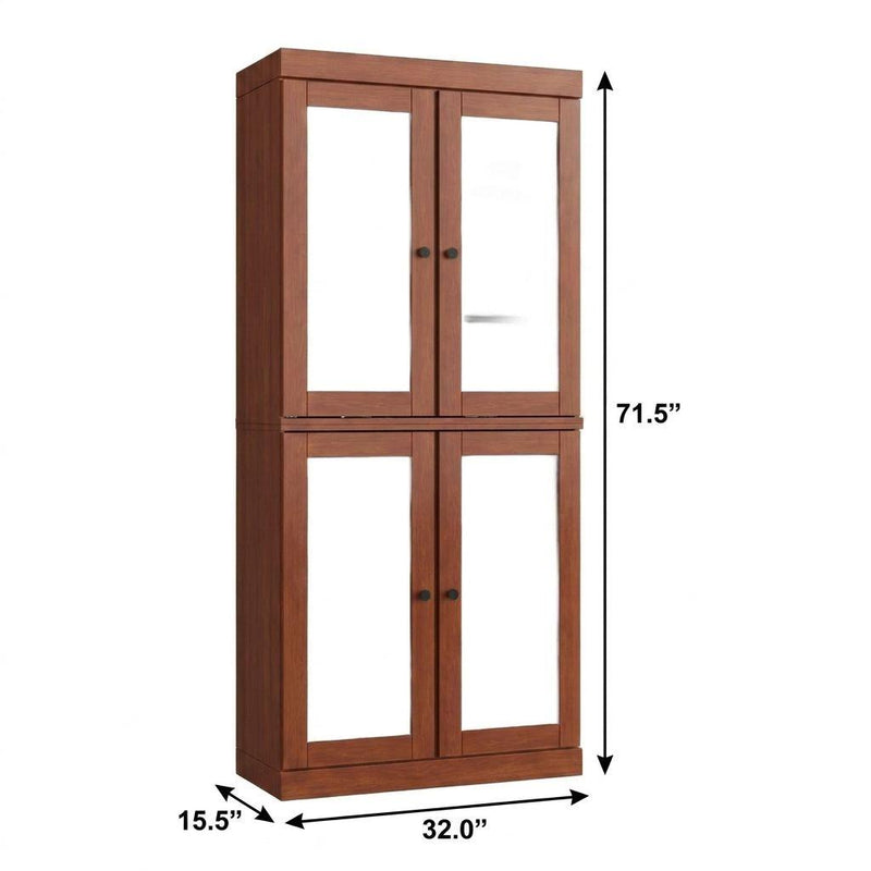 Wood double-door glass cabinet with dimensions: 32.0" W x 15.5" D x 71.5" H.
