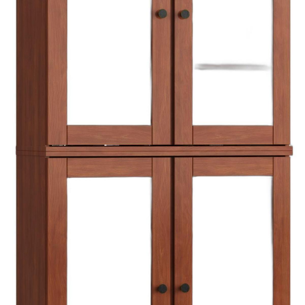 Warm wood cabinet with two double glass doors and black knobs, top and bottom panels.