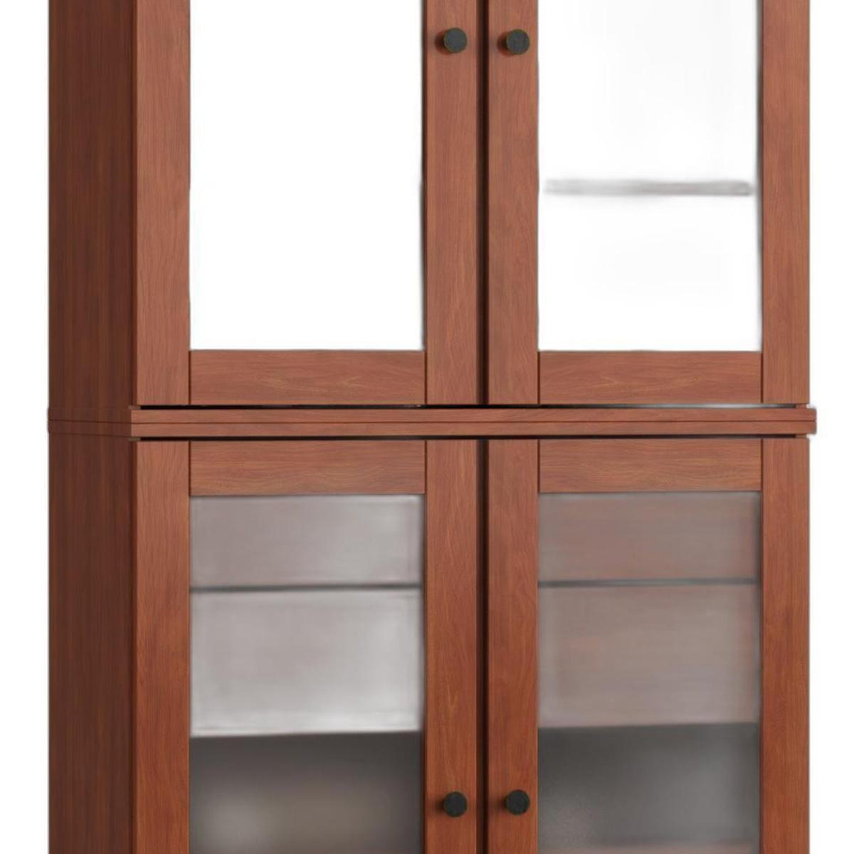 Brown wood display cabinet with two glass doors and dark round hinges
