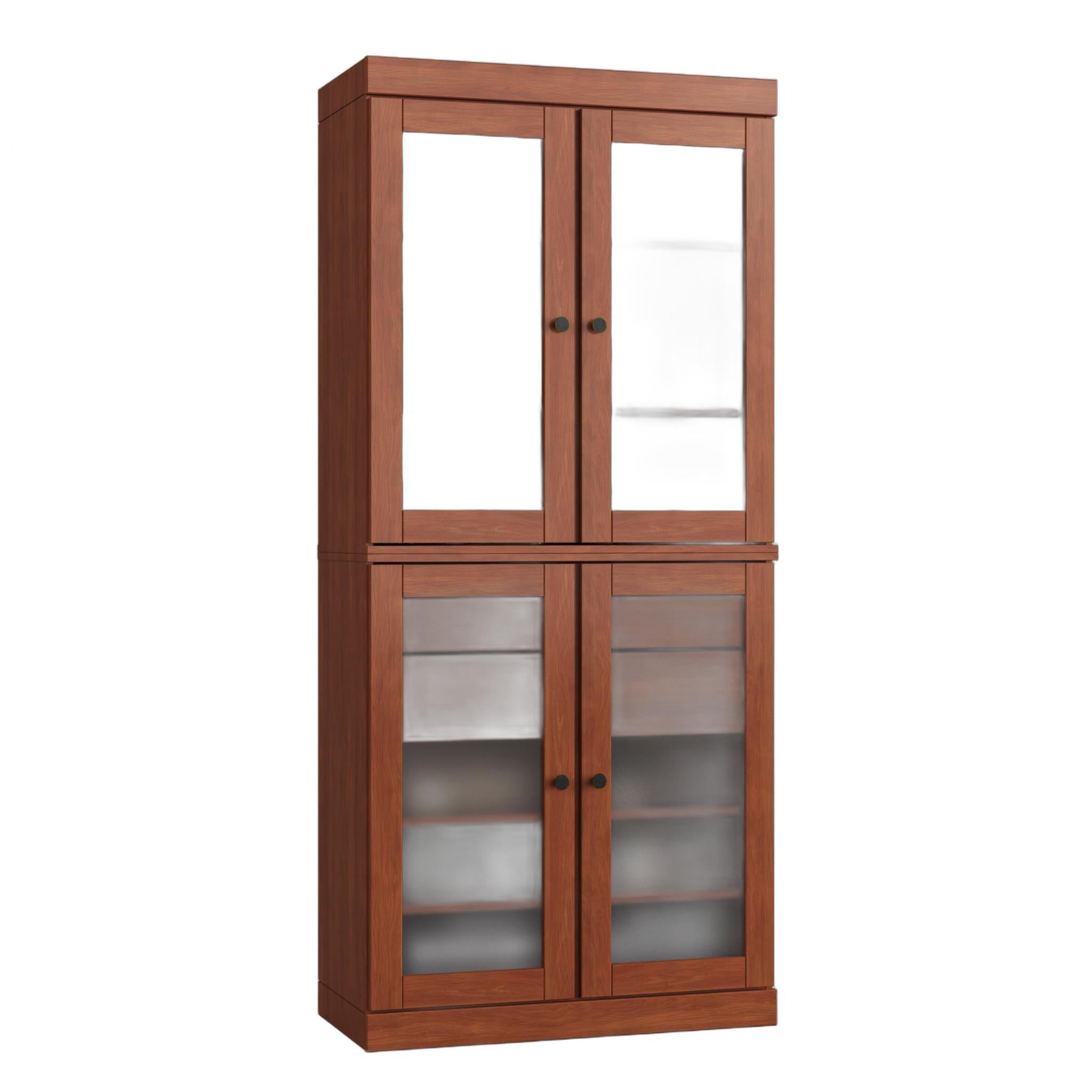 Brown solid wood cabinet with double doors and glass panels, interior shelving