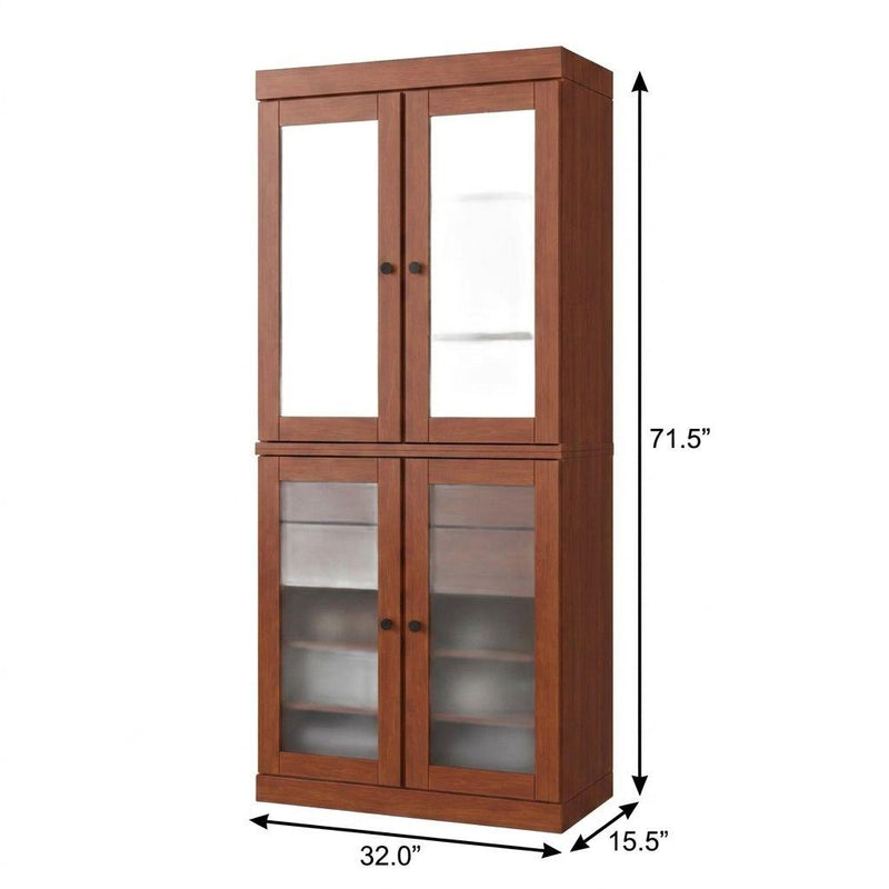 Brown solid wood cabinet with double glass doors and open shelving behind glass