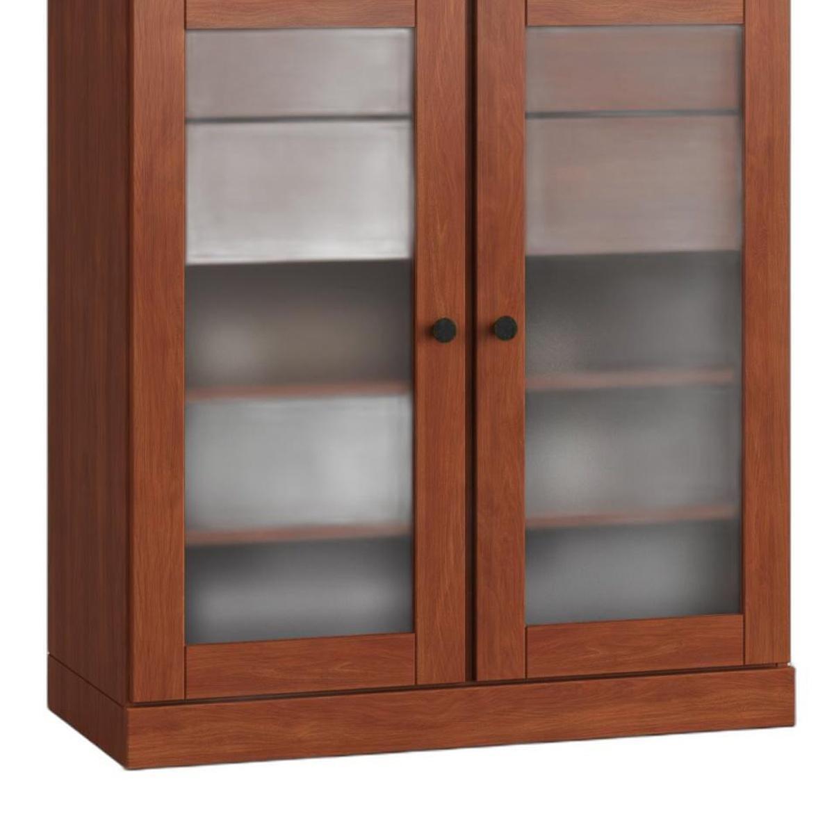 Brown wood cabinet with two glass-front doors and visible interior shelves