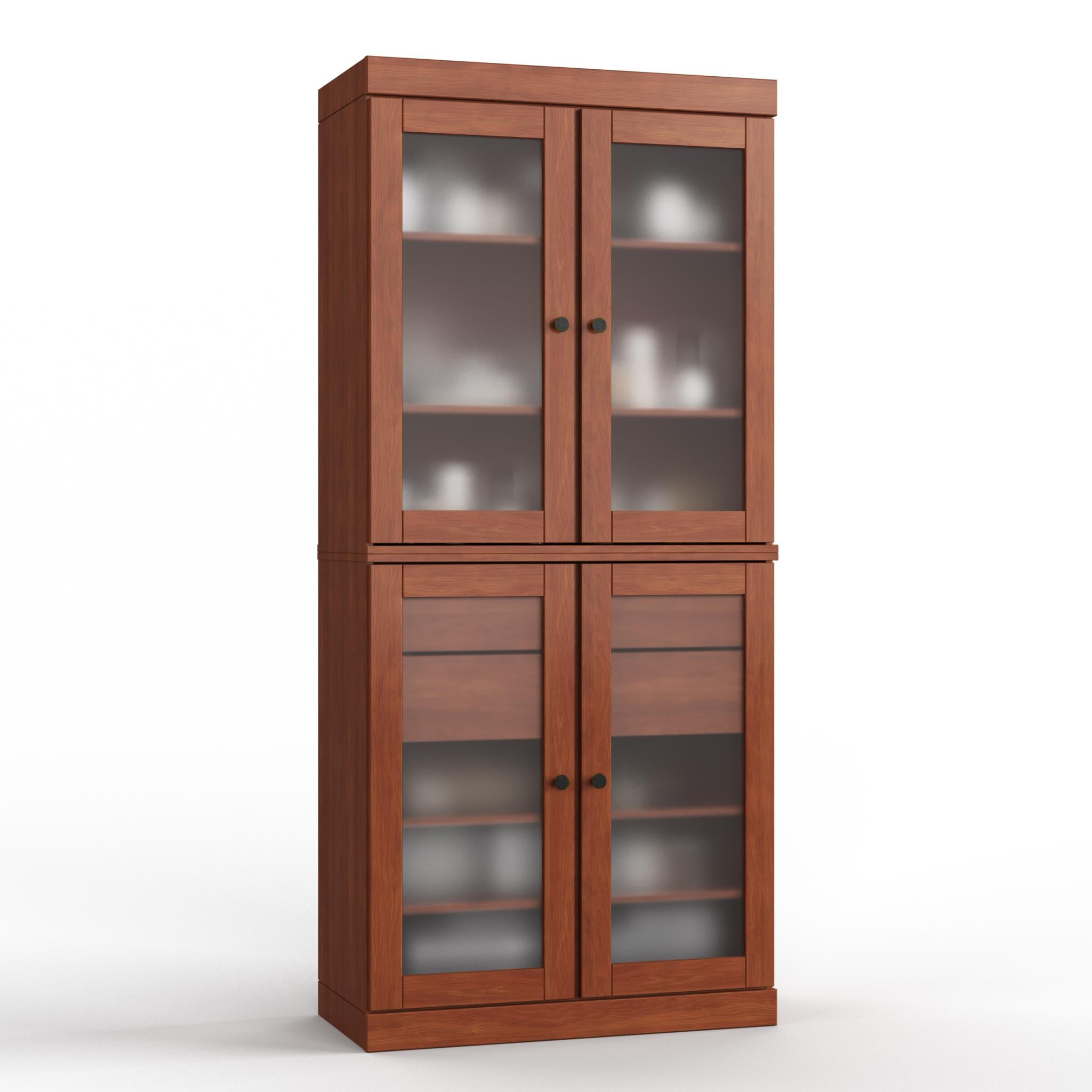 Brown wood cabinet with double doors and glass panels over interior shelves