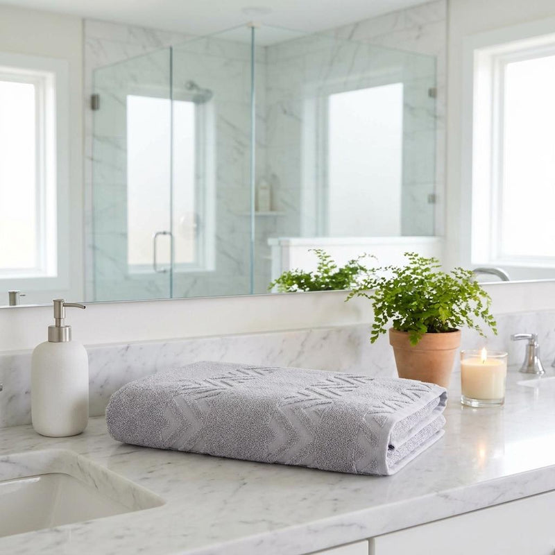 Light gray folded bath sheet towel with jacquard chevron zigzag pattern
