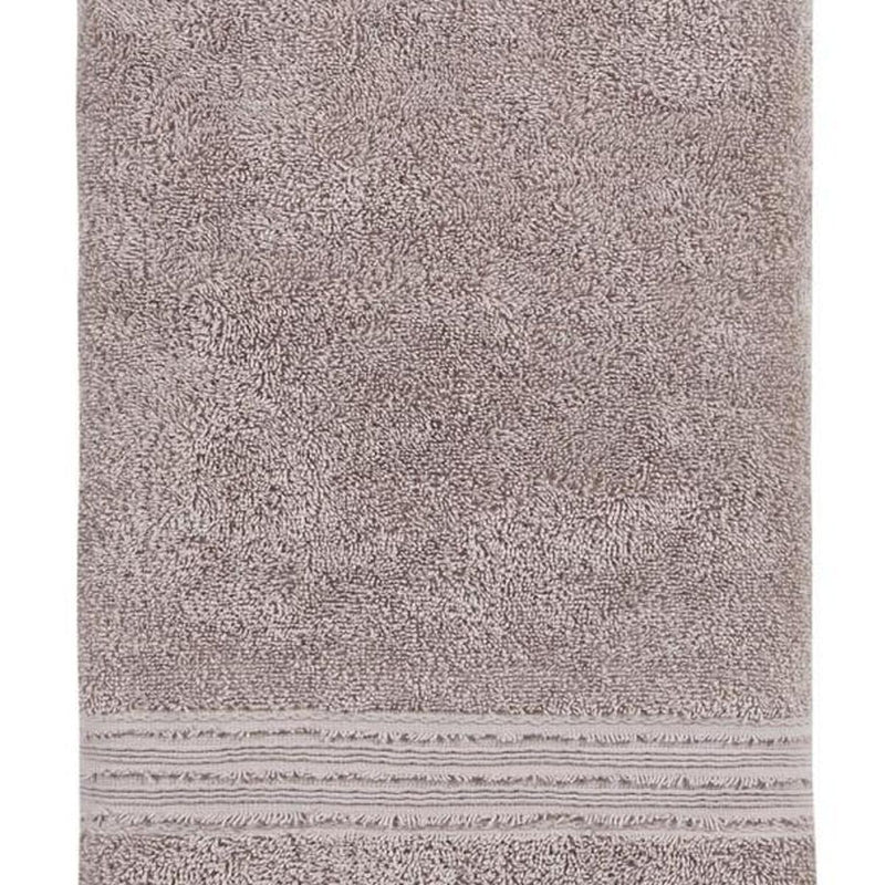 Light taupe Turkish cotton bath towel 27x54 in, full face view with striped bottom band