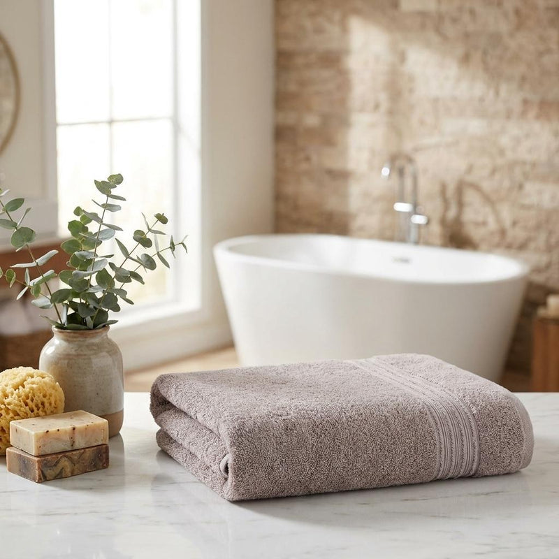 Light taupe bath towel roll Turkish cotton 27x54 in, textured loops and striped edge