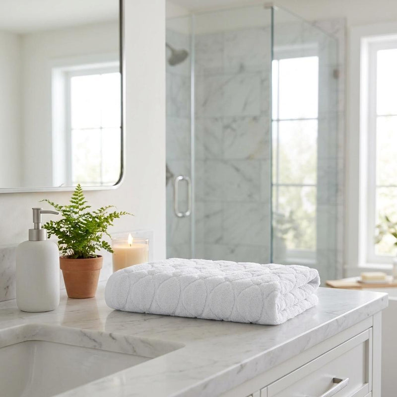 Rolled white bath towel with jacquard diamond-and-circle textured weave