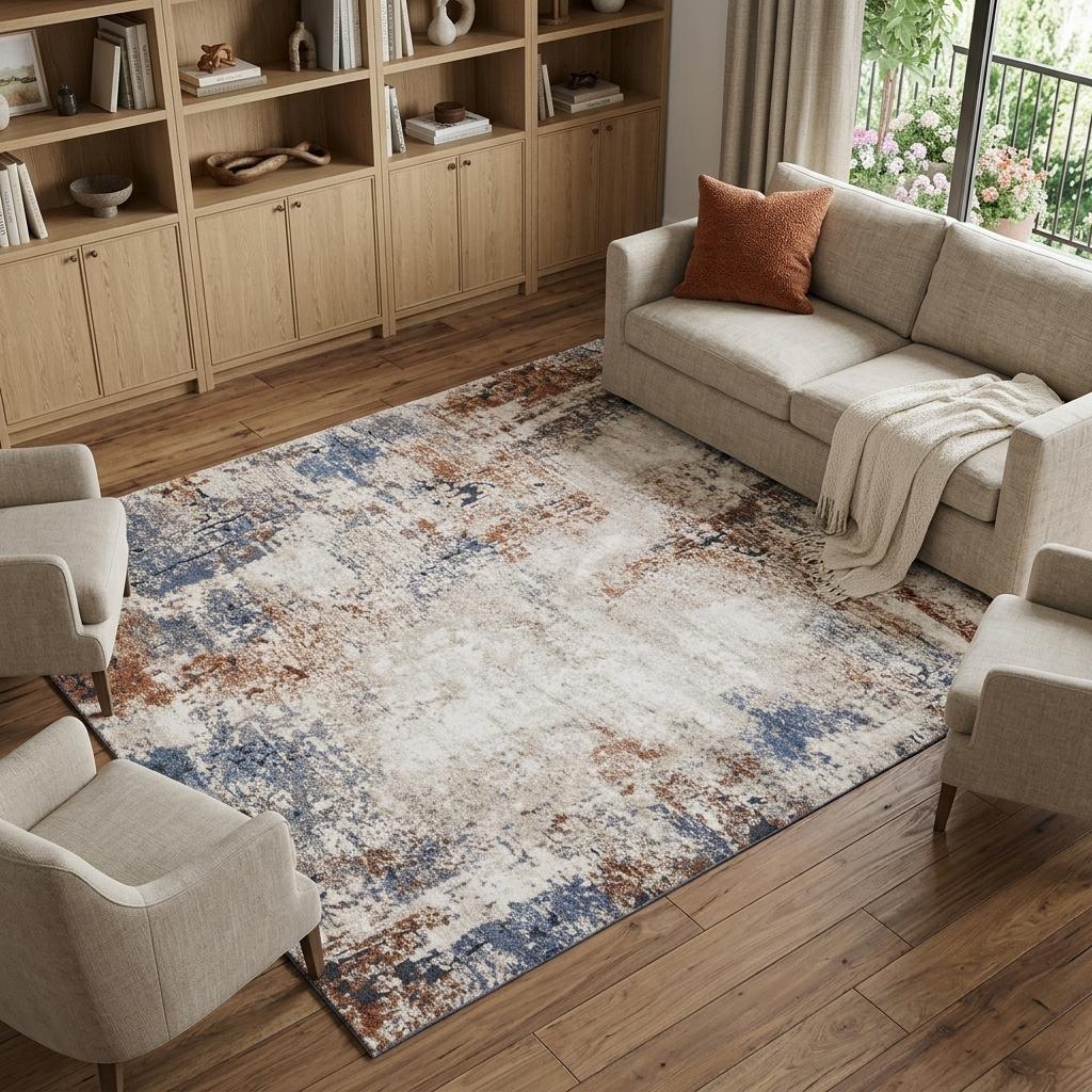 10' X 14' Blue Gray and Brown Abstract Power Loom Worn Faded Area Rug - Home & Garden