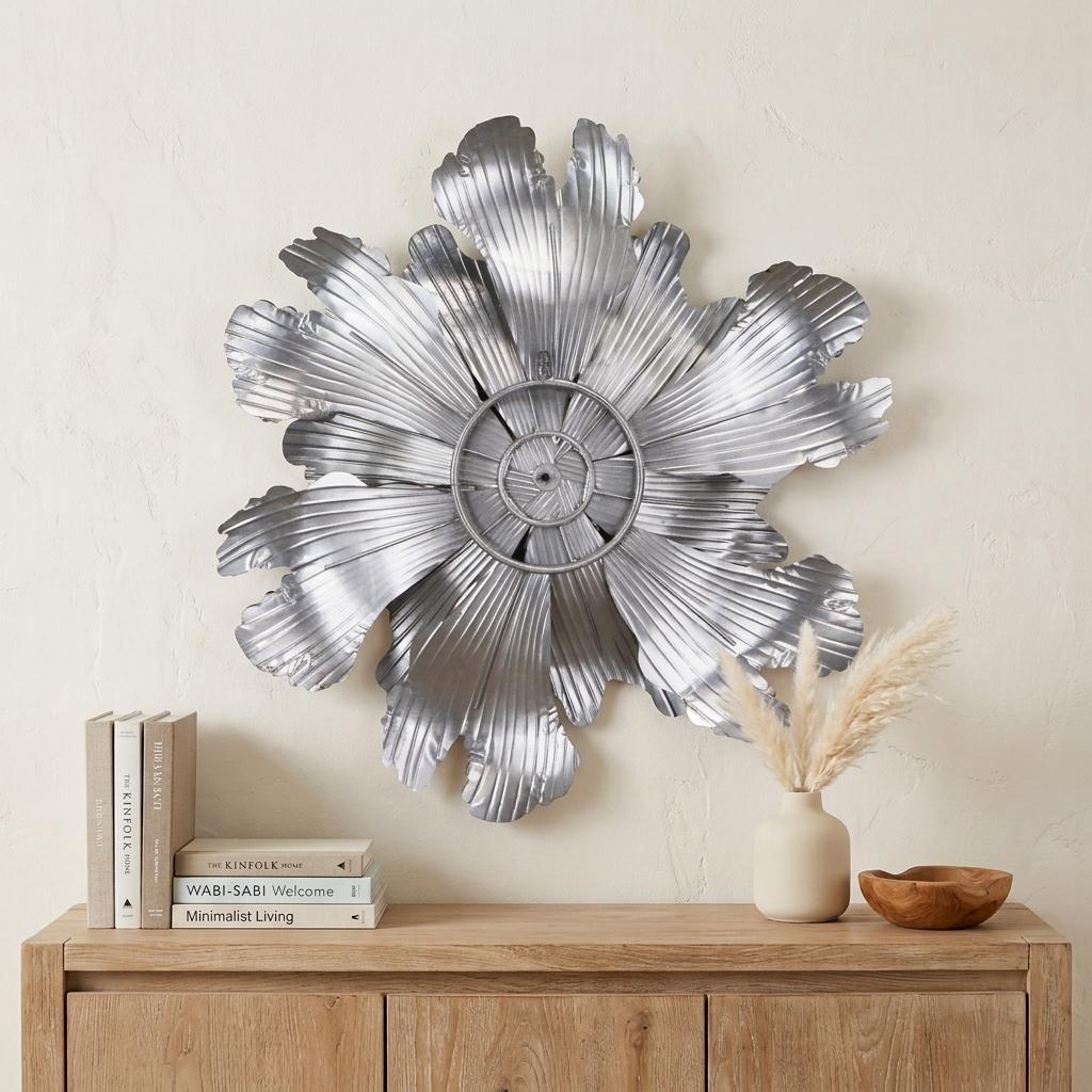 27" X 27" Gray and Off White Galvanized Metal Flower Hanging Dimensional Sculpture - Home & Garden