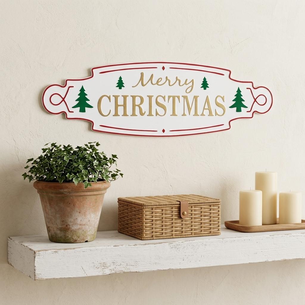11" X 36" White Green and Red Merry Christmas Metal Wall Decor - Home & Garden