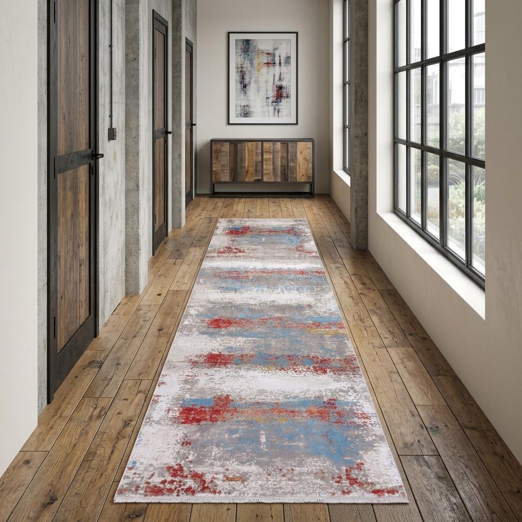 10' Gray Blue and Red Abstract Power Loom Runner Rug With Fringe - Home & Garden