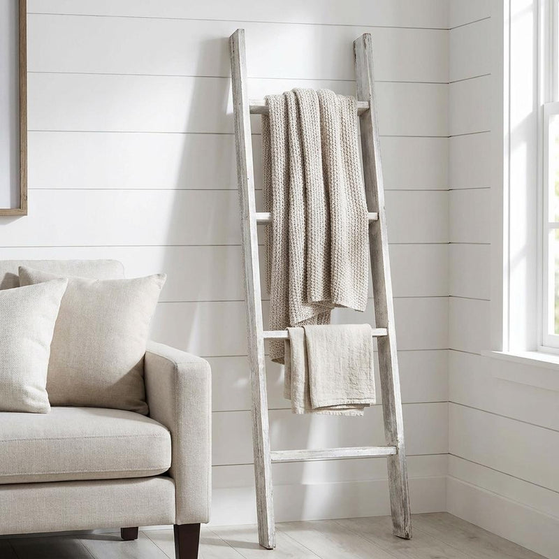 49" Whitewash Rustic Four Step Wood Ladder Shelf - Home Decor