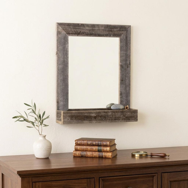 Rustic Weathered Gray Reclaimed Wood Plank Mirror With Shelf - Home Decor
