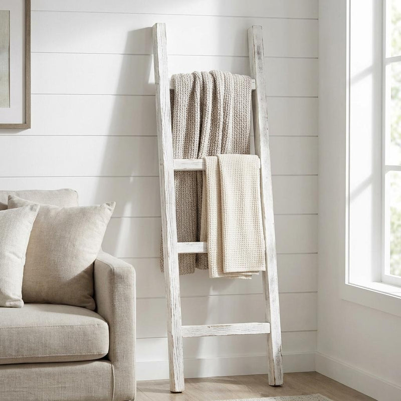 4 Step Rustic White Wood Ladder Shelf - Home Decor