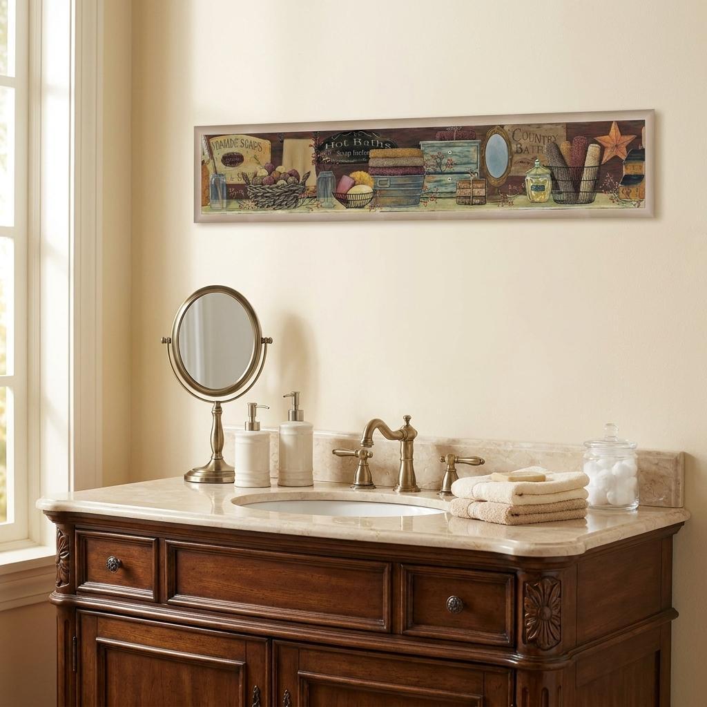 Country Bath Shelf 5 Brown Framed Print Bathroom Wall Art - Home Decor