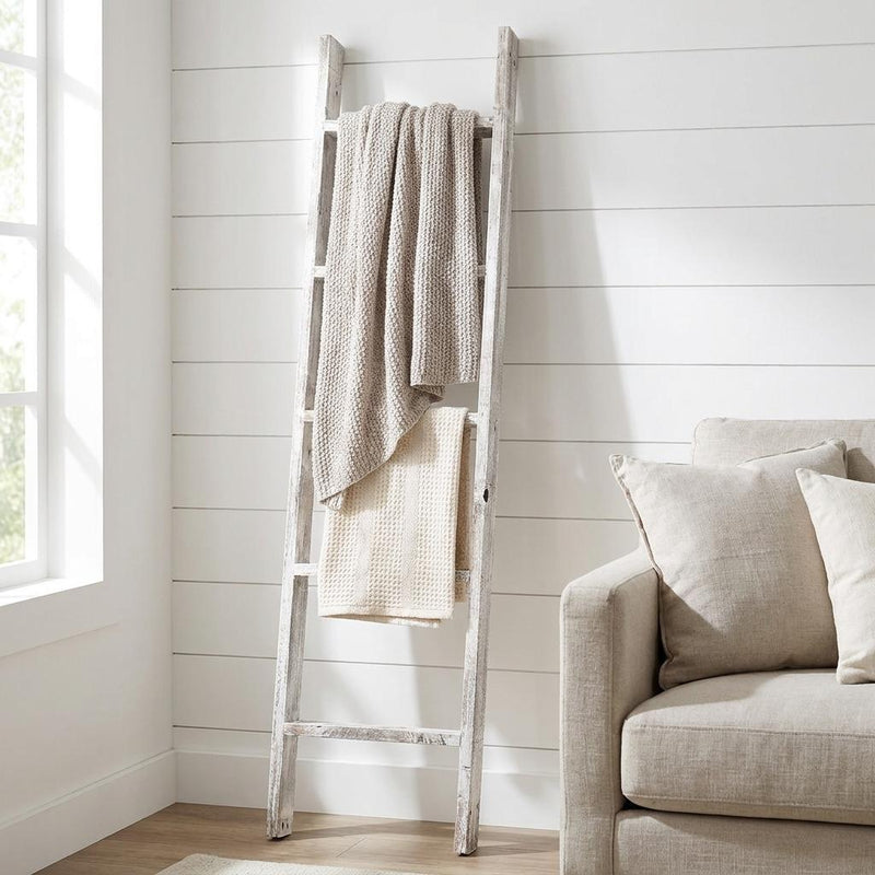 60" White Rustic Four Step Wood Ladder Shelf - Home Decor