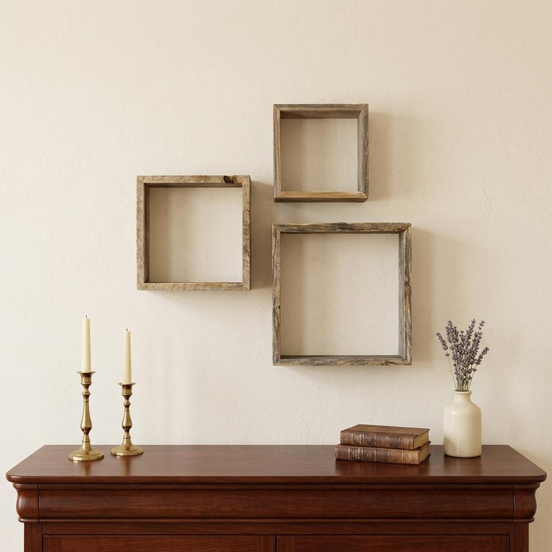 Rustic Farmhouse Set Of 3 Square Shadow Box Shelves - Home Decor
