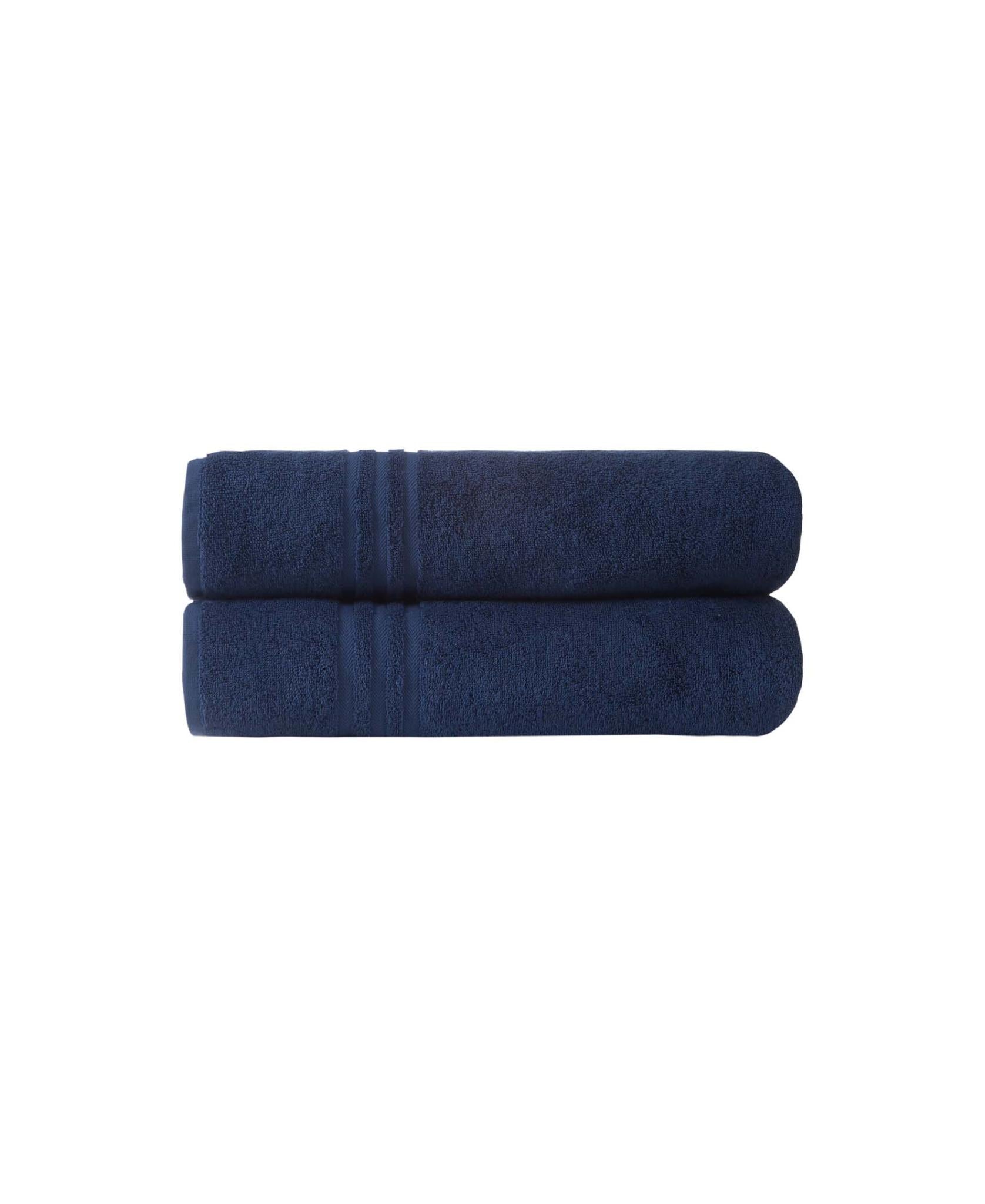 Set of two navy blue bath sheets, terry texture, rolled hem